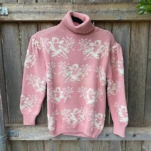 VTG pink cream angels turtleneck SWEATER 100% cotton Small CAMBRIDGE Spirit